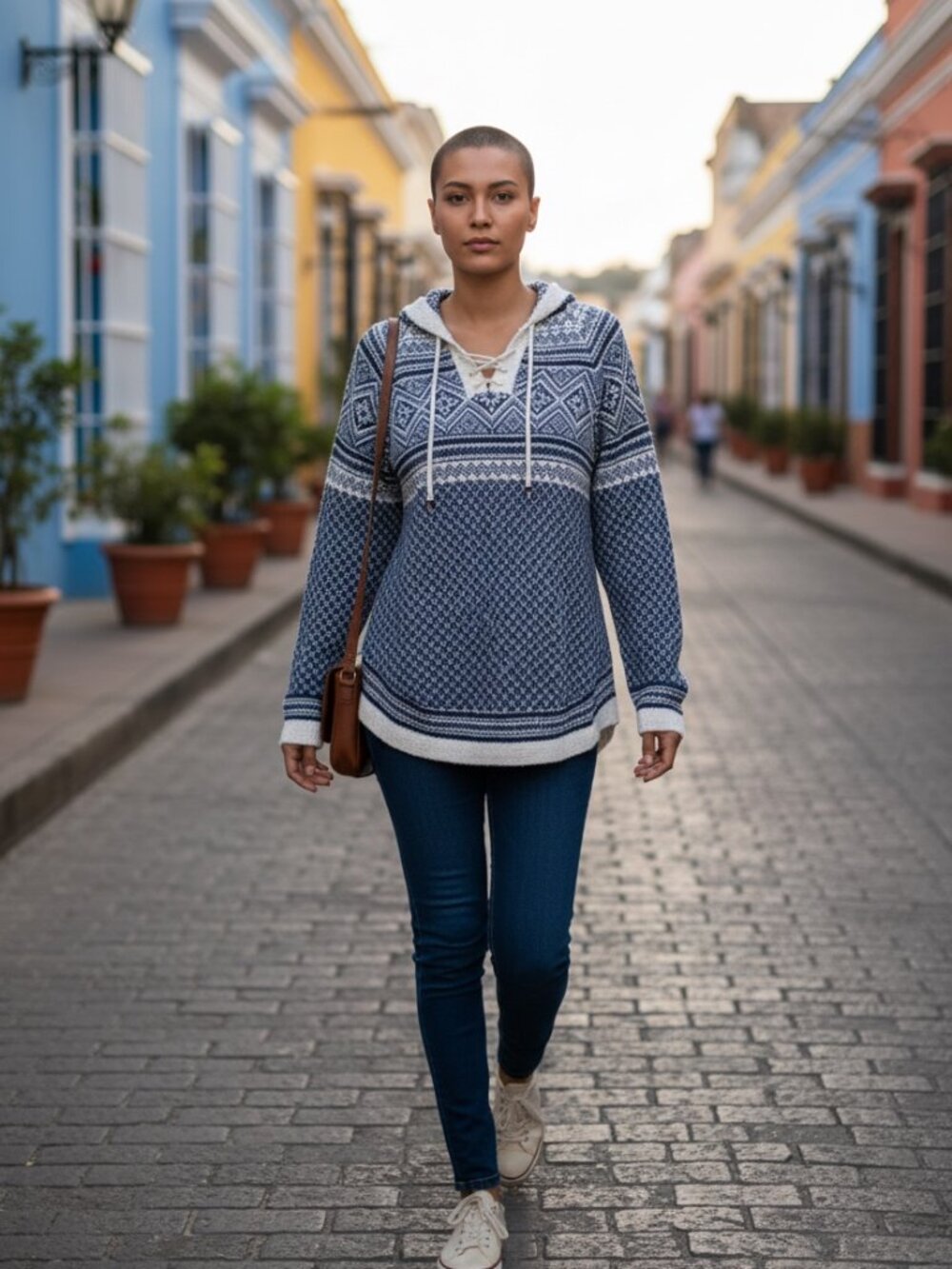 Artesania "Chachani" Women's Blue WhiteAlpaca Blend Hooded Knit Sweater, Size XL
